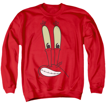 Red men's crewneck sweatshirt with SpongeBob SquarePants Mr. Krabs Smile Face graphic