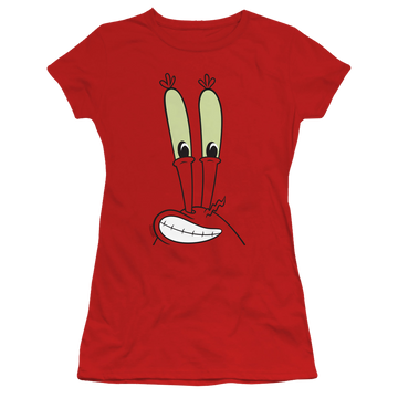 Red juniors t-shirt with SpongeBob SquarePants Mr. Krabs Smile Face graphic