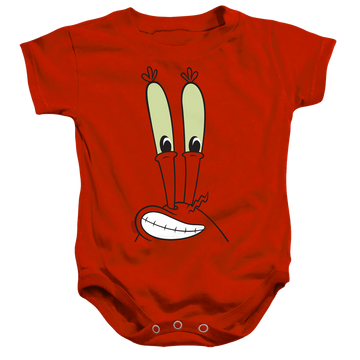 Red baby bodysuit with SpongeBob SquarePants Mr. Krabs Smile Face graphic