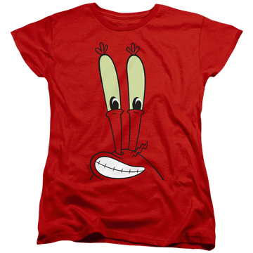 Red women's t-shirt with SpongeBob SquarePants Mr. Krabs Smile Face graphic