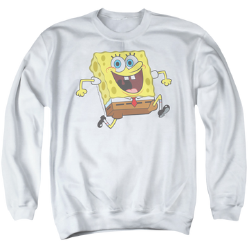White men's crewneck sweatshirt with SpongeBob SquarePants Happy Running Spongebob graphic