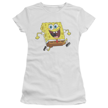 White juniors t-shirt with SpongeBob SquarePants Happy Running Spongebob graphic