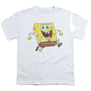 White youth t-shirt for ages 8 to 12 with SpongeBob SquarePants Happy Running Spongebob graphic