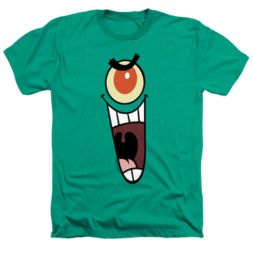 Kelly green men's heather t-shirt with SpongeBob SquarePants Plankton Sinister Face graphic