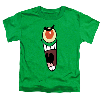 Kelly green kid's t-shirt for ages 4 to 7 with SpongeBob SquarePants Plankton Sinister Face graphic