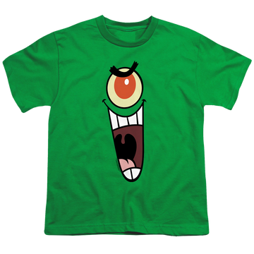 Kelly green youth t-shirt for ages 8 to 12 with SpongeBob SquarePants Plankton Sinister Face graphic