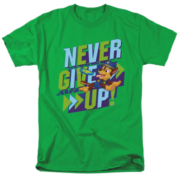 Kelly green men's regular fit t-shirt with Paw Patrol Never Give Up graphic
