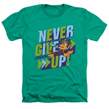 Kelly green men's heather t-shirt with Paw Patrol Never Give Up graphic