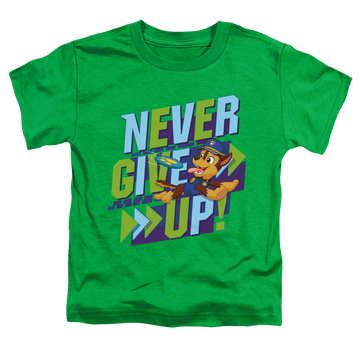 Kelly green kid's t-shirt for ages 4 to 7 with Paw Patrol Never Give Up graphic