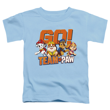 Light blue kid's t-shirt for ages 4 to 7 with Paw Patrol Go! Team Paw graphic