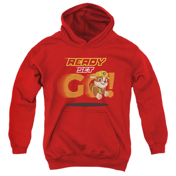 Red youth hoodie for ages 8 to 12 with Paw Patrol Ready Set Go! Rubble graphic