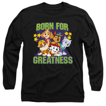 Black men's long sleeve t-shirt with Paw Patrol Born For Greatness graphic