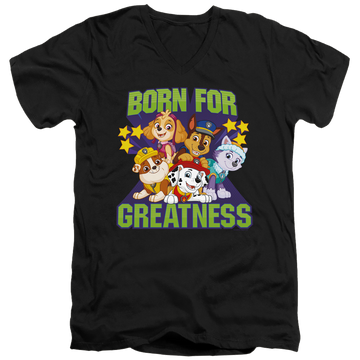 Black men's v-neck t-shirt with Paw Patrol Born For Greatness graphic