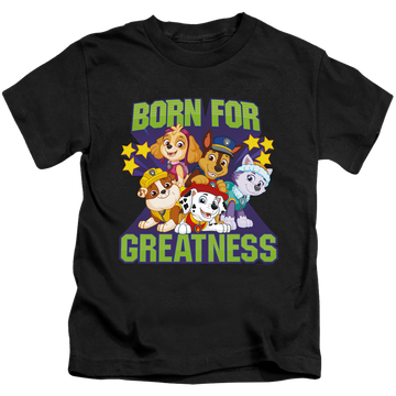 Black kid's t-shirt for ages 4 to 7 with Paw Patrol Born For Greatness graphic