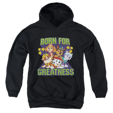 Black youth hoodie for ages 8 to 12 with Paw Patrol Born For Greatness graphic