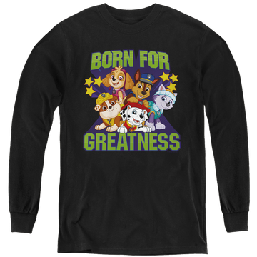 Black youth long sleeve t-shirt with Paw Patrol Born For Greatness graphic