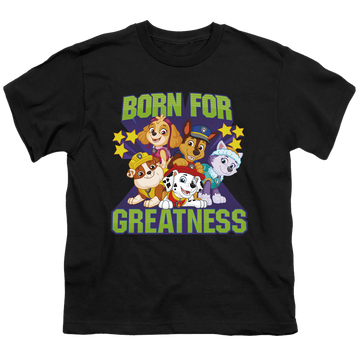 Black youth t-shirt for ages 8 to 12 with Paw Patrol Born For Greatness graphic