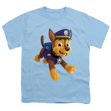 Light blue youth t-shirt for ages 8 to 12 with Paw Patrol Chase graphic