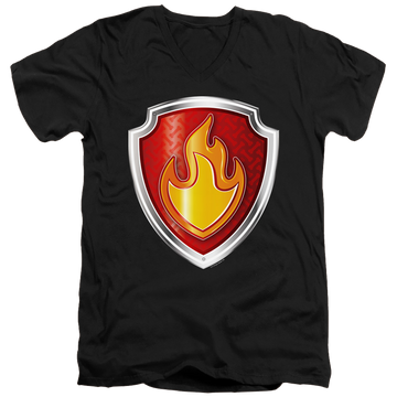Black men's v-neck t-shirt with Paw Patrol Marshall Badge graphic