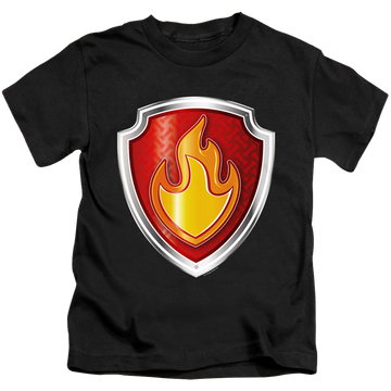 Black kid's t-shirt for ages 4 to 7 with Paw Patrol Marshall Badge graphic