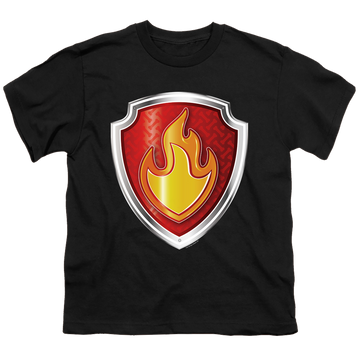 Black youth t-shirt for ages 8 to 12 with Paw Patrol Marshall Badge graphic