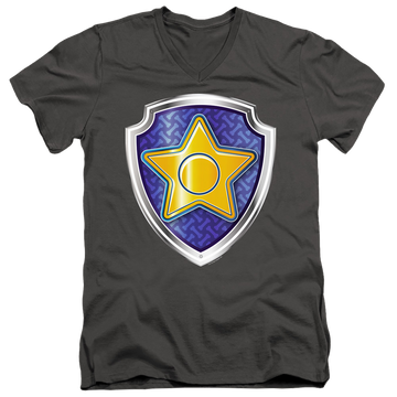 Charcoal men's v-neck t-shirt with Paw Patrol Chase Badge graphic