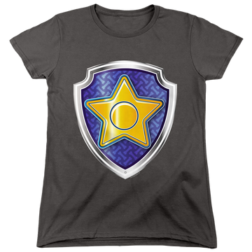 Charcoal women's t-shirt with Paw Patrol Chase Badge graphic