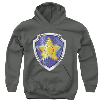 Charcoal youth hoodie for ages 8 to 12 with Paw Patrol Chase Badge graphic