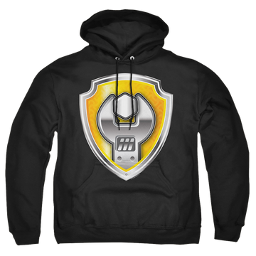 Black pullover hoodie with Paw Patrol Rubble Badge graphic