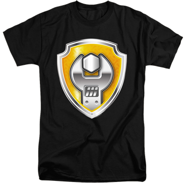 Black men's tall fit t-shirt with Paw Patrol Rubble Badge graphic