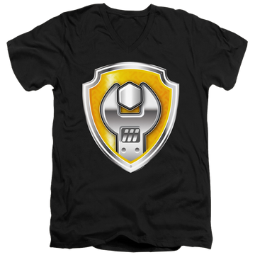 Black men's v-neck t-shirt with Paw Patrol Rubble Badge graphic