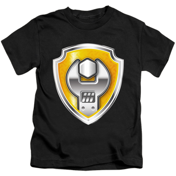 Black kid's t-shirt for ages 4 to 7 with Paw Patrol Rubble Badge graphic