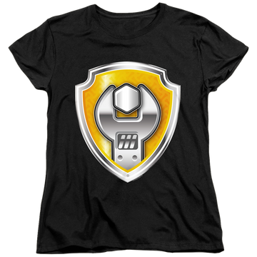 Black women's t-shirt with Paw Patrol Rubble Badge graphic