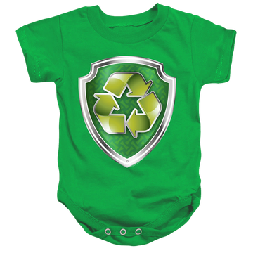 Kelly green baby bodysuit with Paw Patrol Rocky Badge graphic
