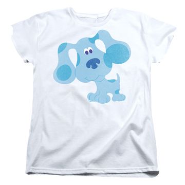 White women's t-shirt with Blue's Clues Blue Hug graphic