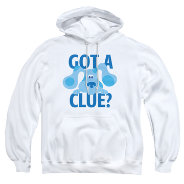White pullover hoodie with Blue's Clues Get A Clue graphic