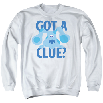 White men's crewneck sweatshirt with Blue's Clues Get A Clue graphic