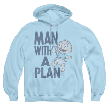 Light blue pullover hoodie with Rugrats Man With A Plan graphic