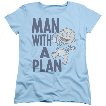 Light blue women's t-shirt with Rugrats Man With A Plan graphic