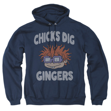 Navy pullover hoodie with Rugrats Chicks Dig Gingers graphic