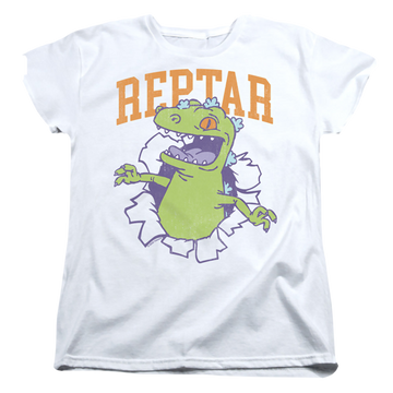 White women's t-shirt with Rugrats Reptar Shirt Rip graphic
