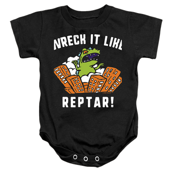 Black baby bodysuit with Rugrats Wreck It Like Reptar graphic
