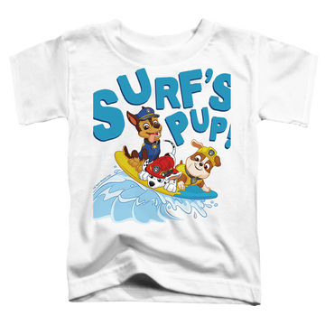 White toddler t-shirt with Paw Patrol Surf's Pup graphic