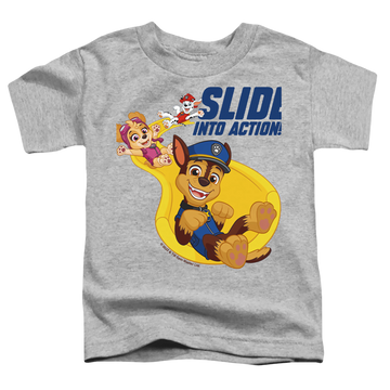 Athletic heather toddler t-shirt with Paw Patrol Slide Into Action graphic