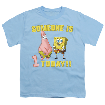 Light blue youth t-shirt for ages 8 to 12 with SpongeBob SquarePants Someone's Birthday graphic