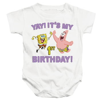 White baby bodysuit with SpongeBob SquarePants Yay Birthday graphic