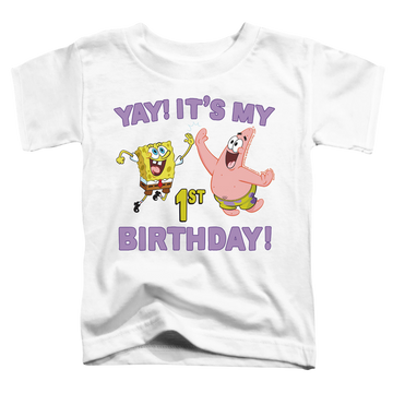 White toddler t-shirt with SpongeBob SquarePants Yay Birthday graphic