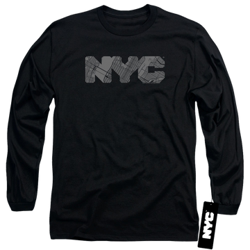 Black men's long sleeve t-shirt with New York City NYC Map Fill graphic