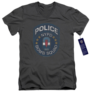 Charcoal men's v-neck t-shirt with New York City Bomb Squad graphic