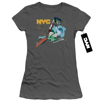 Charcoal juniors t-shirt with New York City Five Boroughs graphic